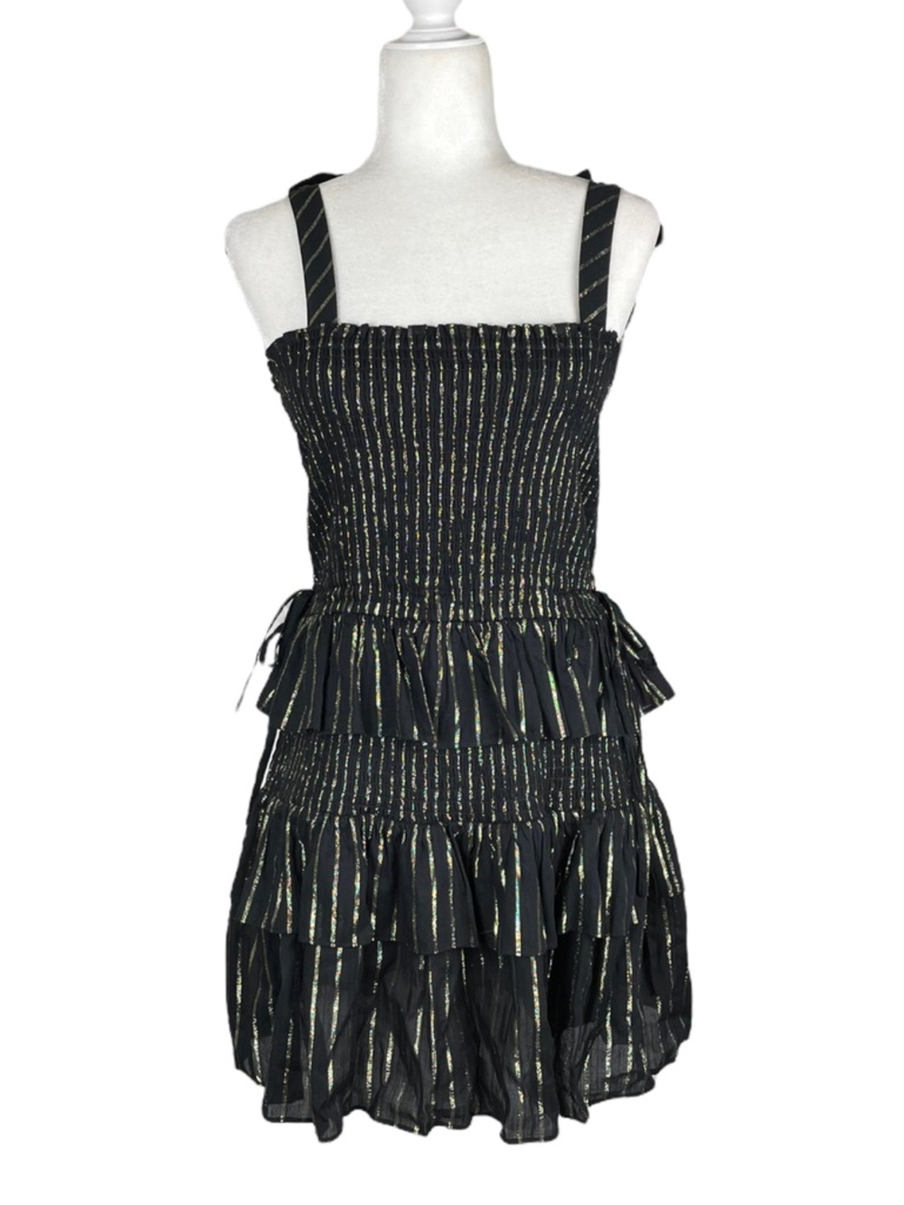 House of Harlow 1960 XS Black & Gold Striped Ruffles Smocked Tiered Mini Dress